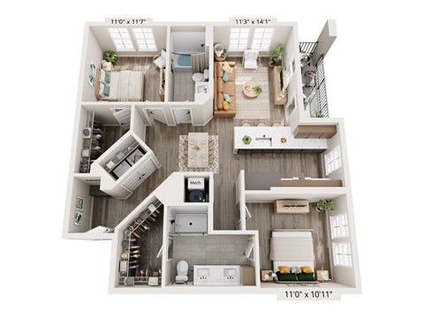 A floor plan of a two-bedroom apartment with a living room, kitchen, and bathroom.